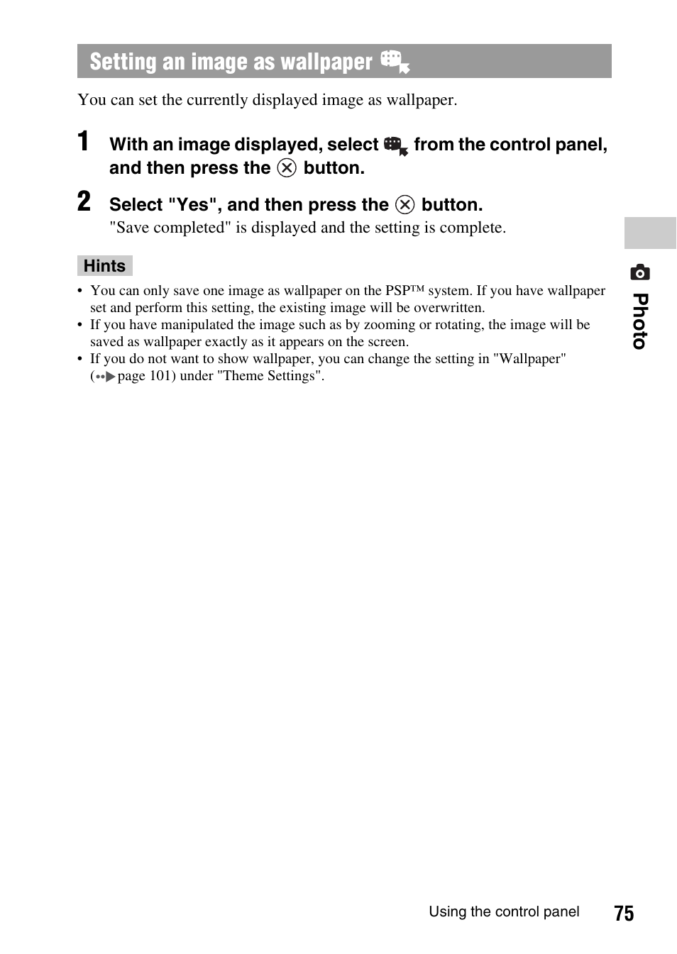 Setting an image as wallpaper, 75 photo | Sony PSP-1003 User Manual | Page 75 / 148
