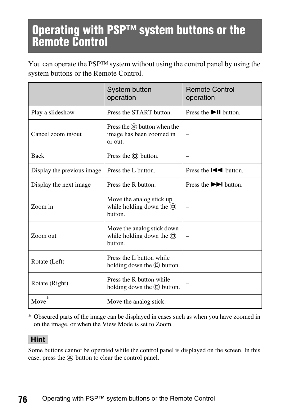 Operating with psp™ system buttons, Or the remote control | Sony PSP-1003 User Manual | Page 76 / 148