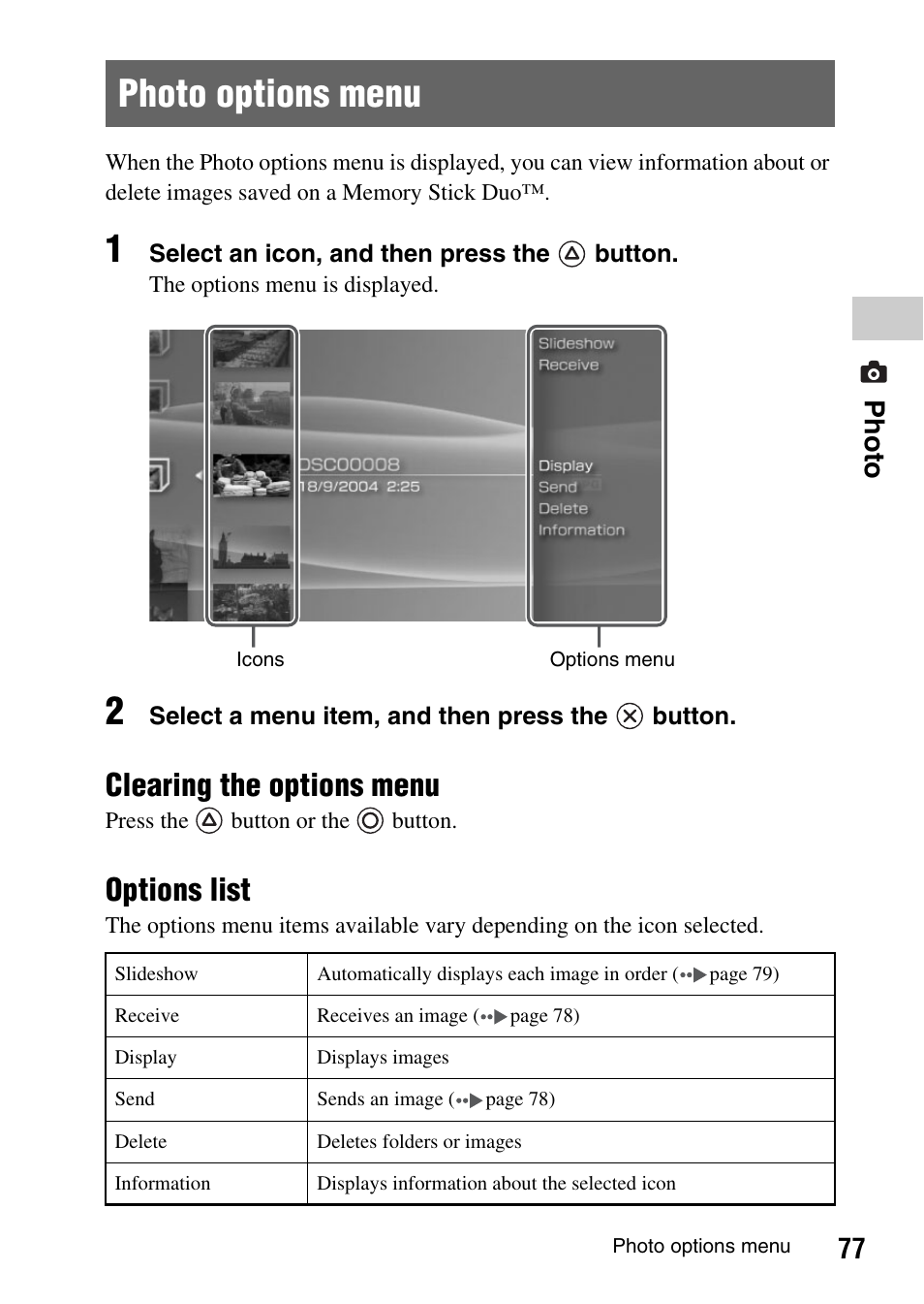 Photo options menu, Clearing the options menu, Options list | 77 photo | Sony PSP-1003 User Manual | Page 77 / 148