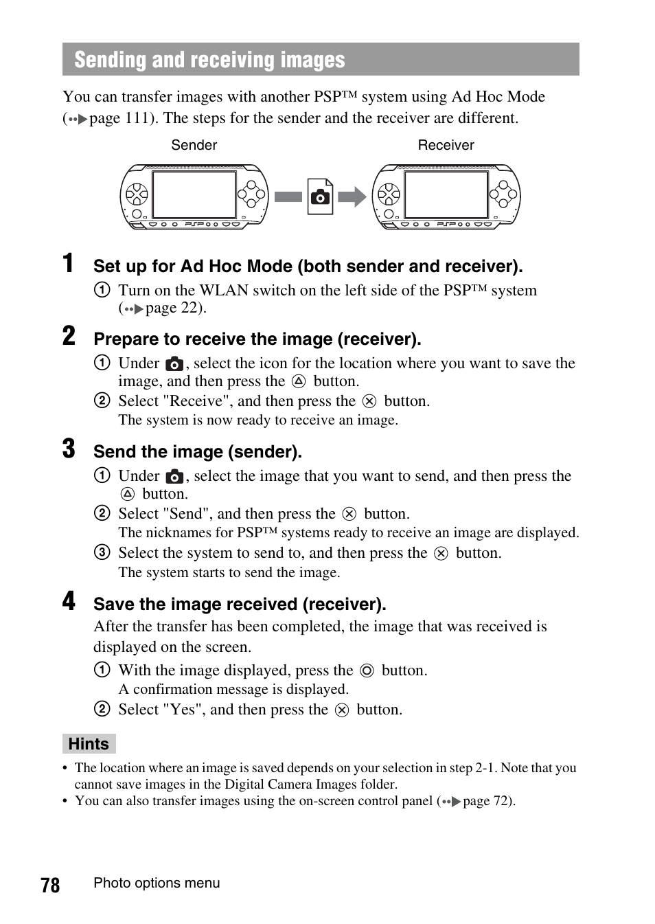 Sending and receiving images | Sony PSP-1003 User Manual | Page 78 / 148