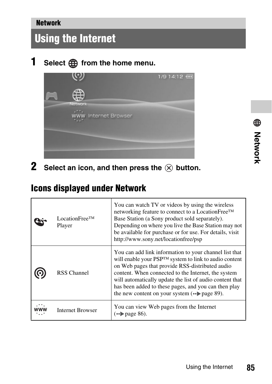 Network, Using the internet, Icons displayed under network | Sony PSP-1003 User Manual | Page 85 / 148