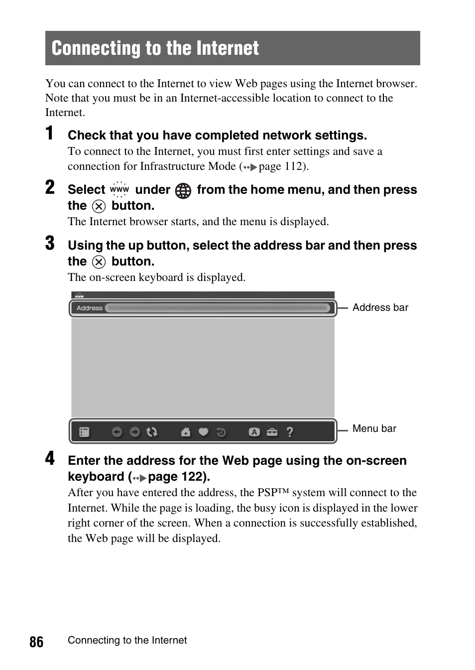 Connecting to the internet | Sony PSP-1003 User Manual | Page 86 / 148
