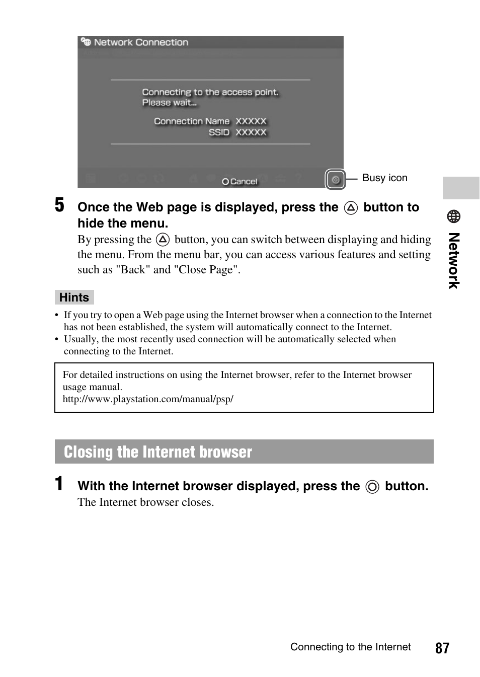 Closing the internet browser, 87 ne tw ork | Sony PSP-1003 User Manual | Page 87 / 148