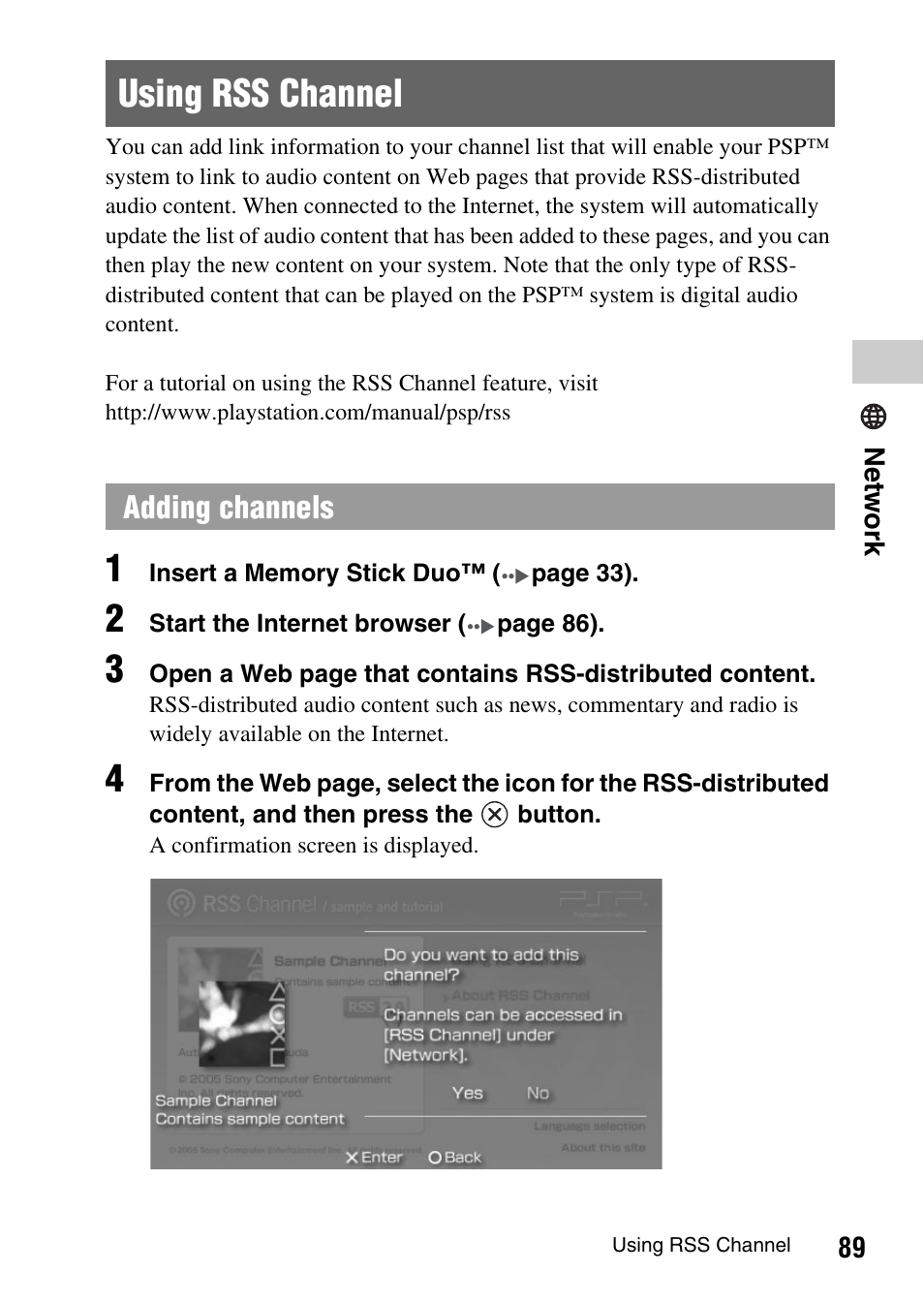 Using rss channel | Sony PSP-1003 User Manual | Page 89 / 148