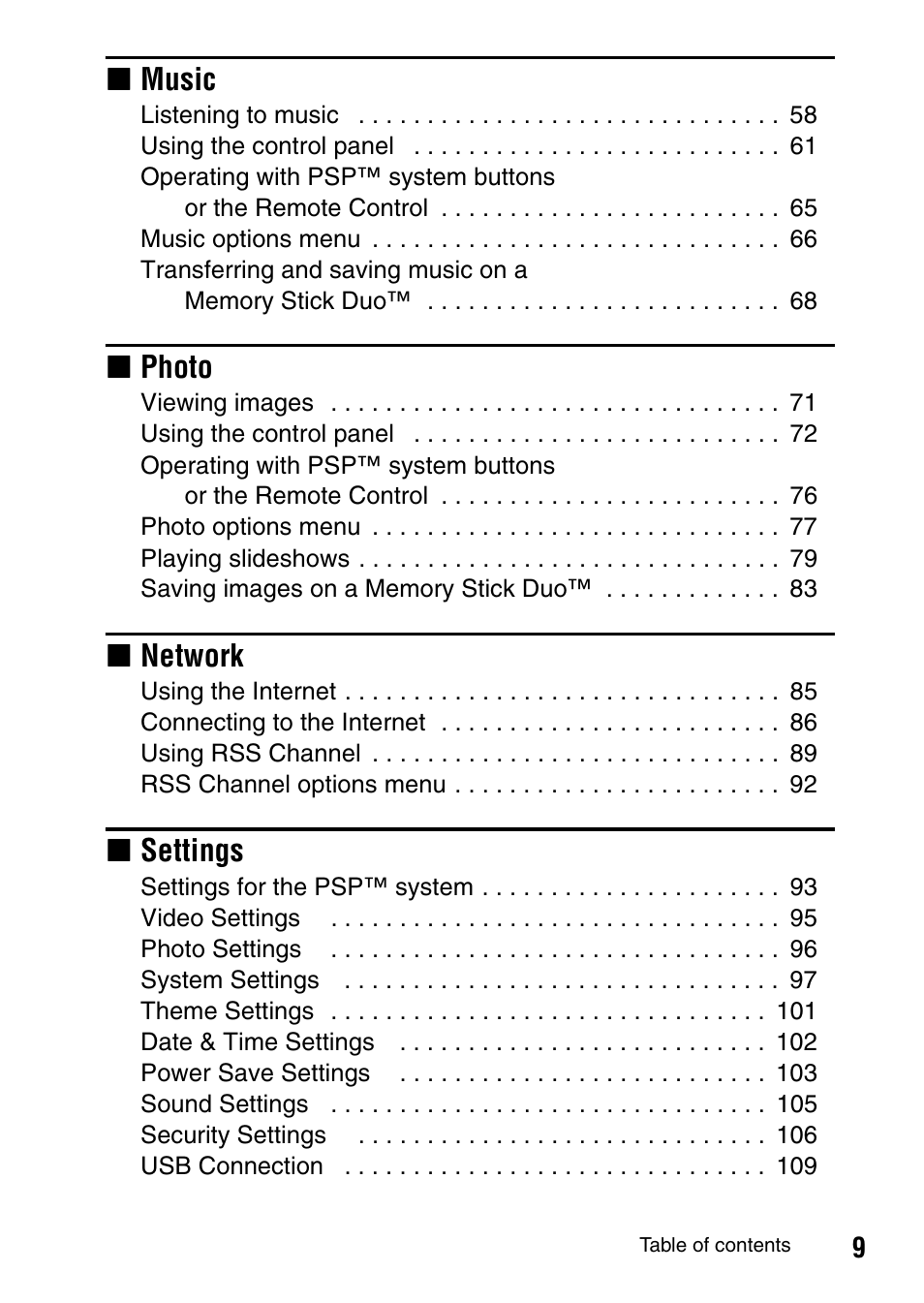 Xmusic, Xphoto, Xnetwork | Xsettings | Sony PSP-1003 User Manual | Page 9 / 148