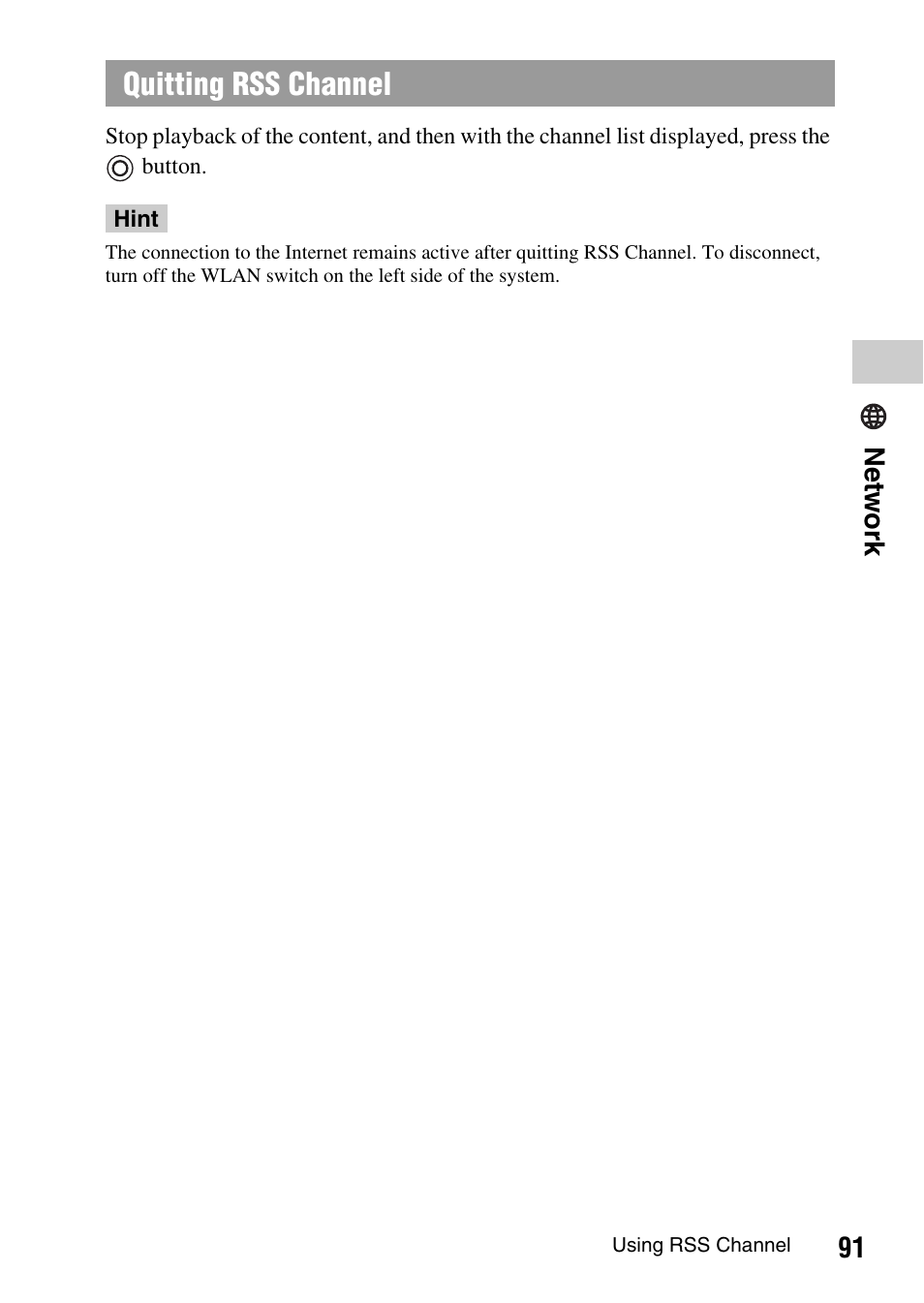 Quitting rss channel, 91 ne tw ork | Sony PSP-1003 User Manual | Page 91 / 148