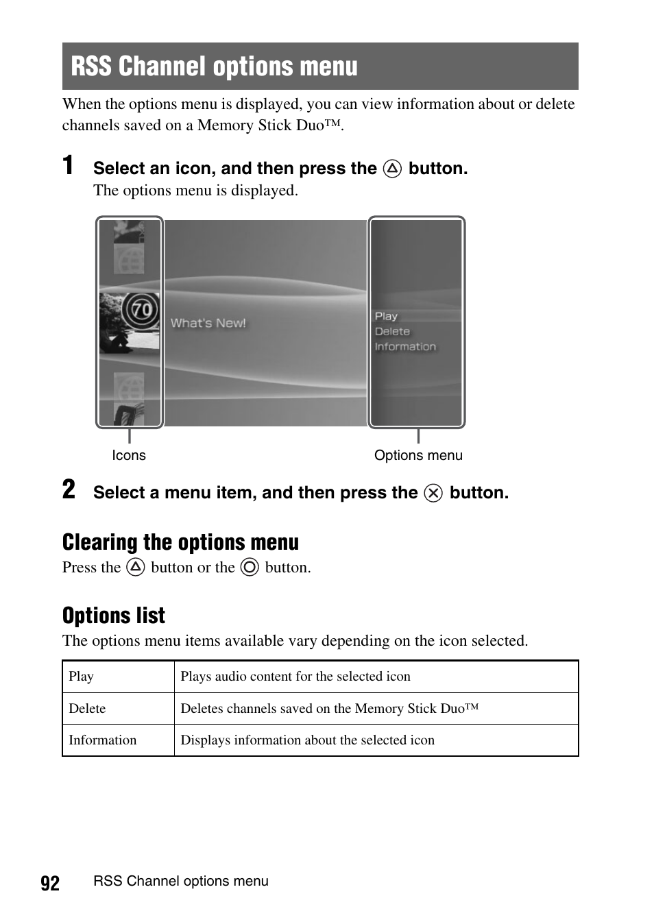 Rss channel options menu, Clearing the options menu, Options list | Sony PSP-1003 User Manual | Page 92 / 148