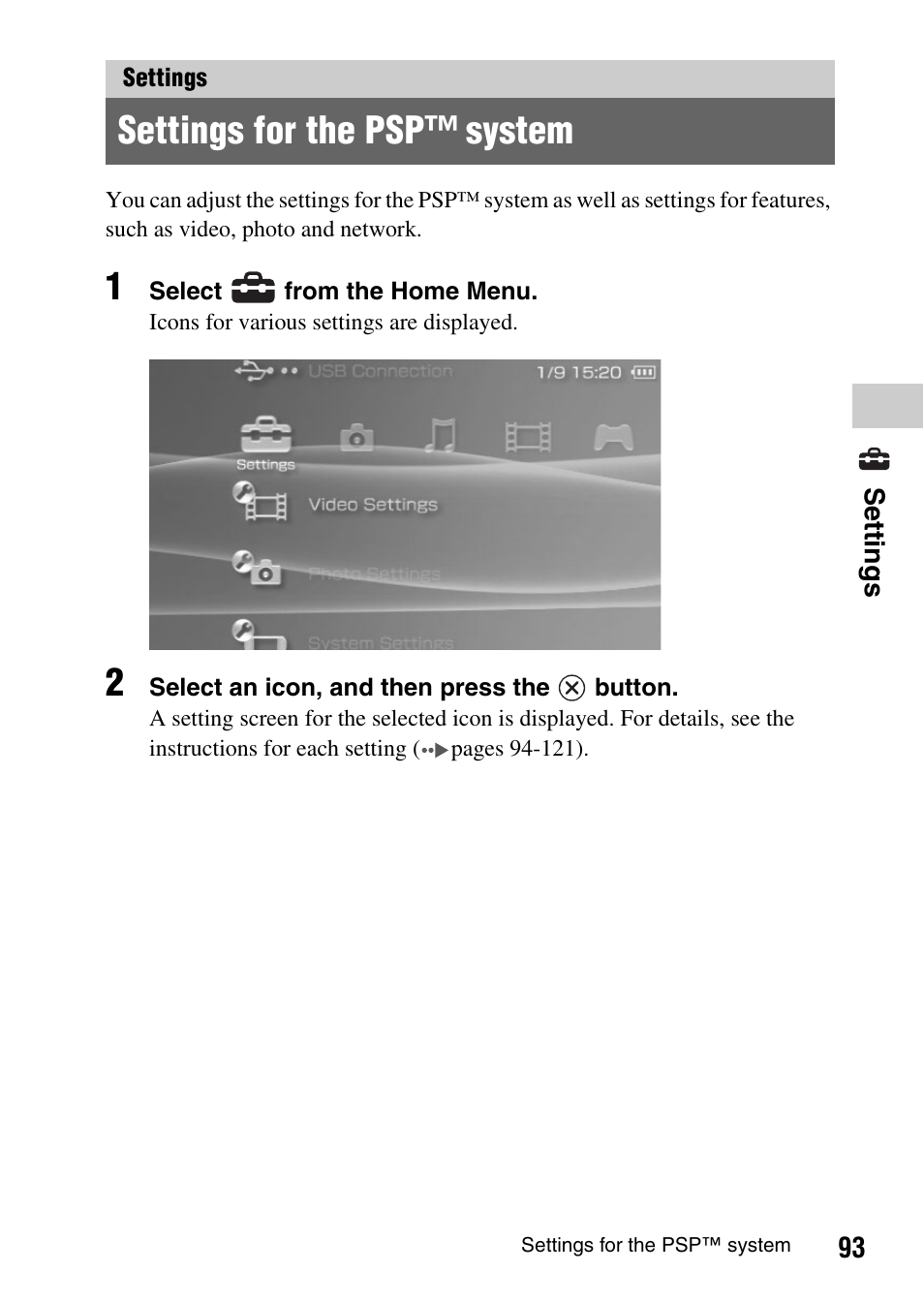 Settings, Settings for the psp system, Settings for the psp™ system | Sony PSP-1003 User Manual | Page 93 / 148