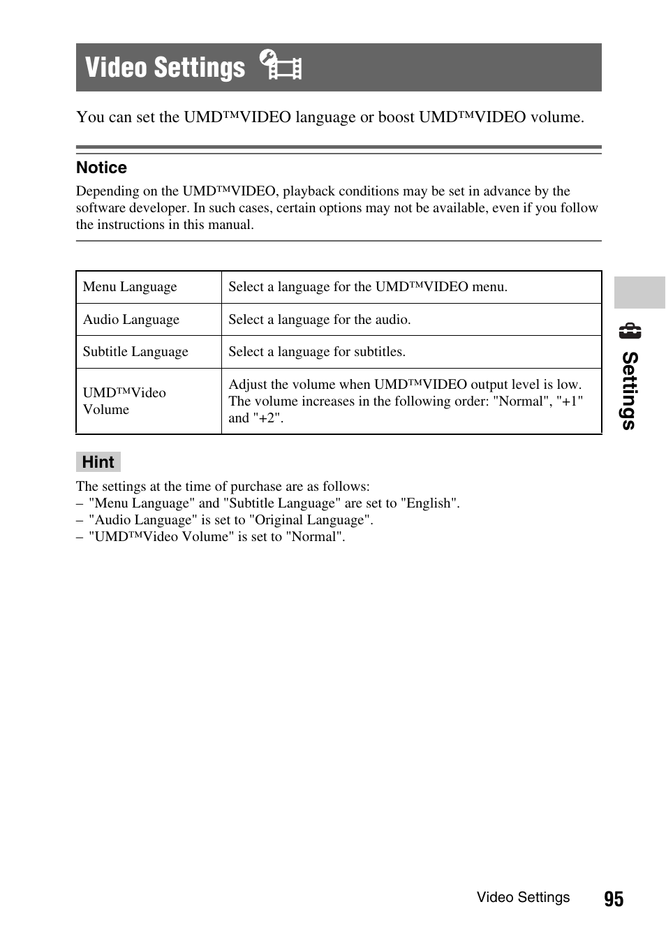 Video settings, 95 settings | Sony PSP-1003 User Manual | Page 95 / 148