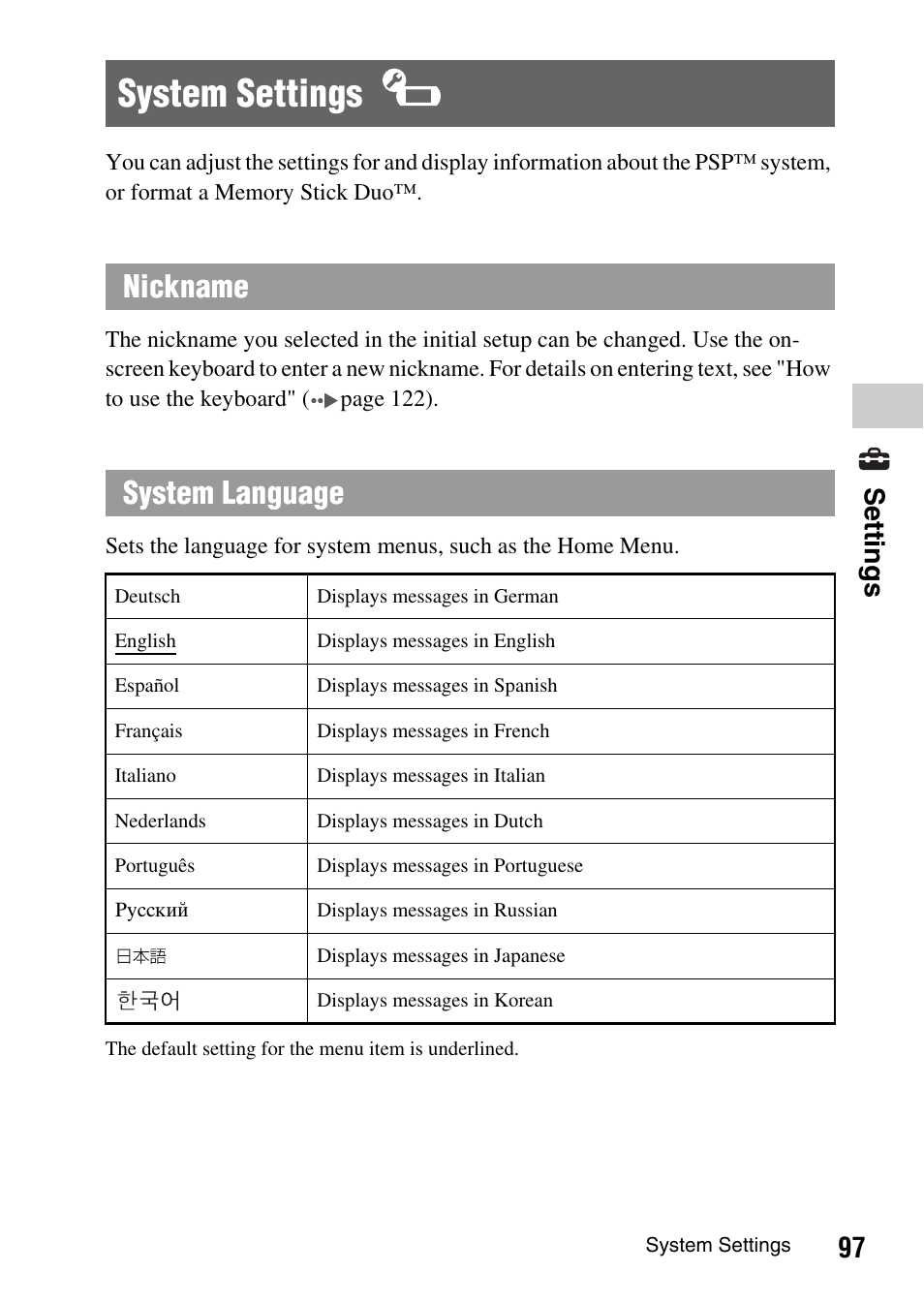 System settings, Ngs). see "system, Settings | Nickname system language, 97 settings | Sony PSP-1003 User Manual | Page 97 / 148