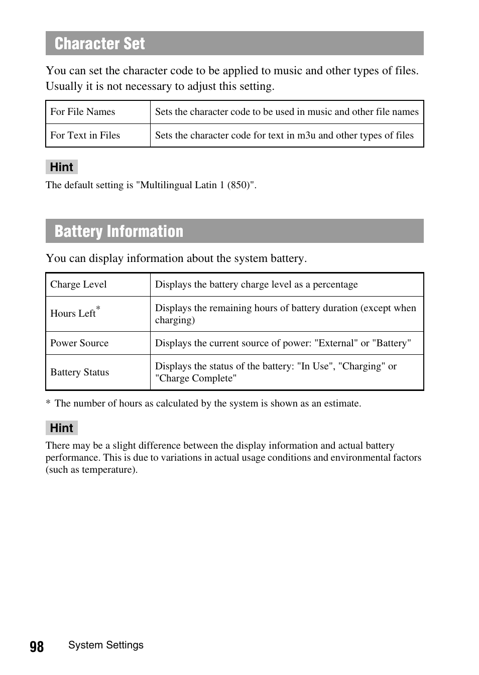 Character set, Battery information | Sony PSP-1003 User Manual | Page 98 / 148