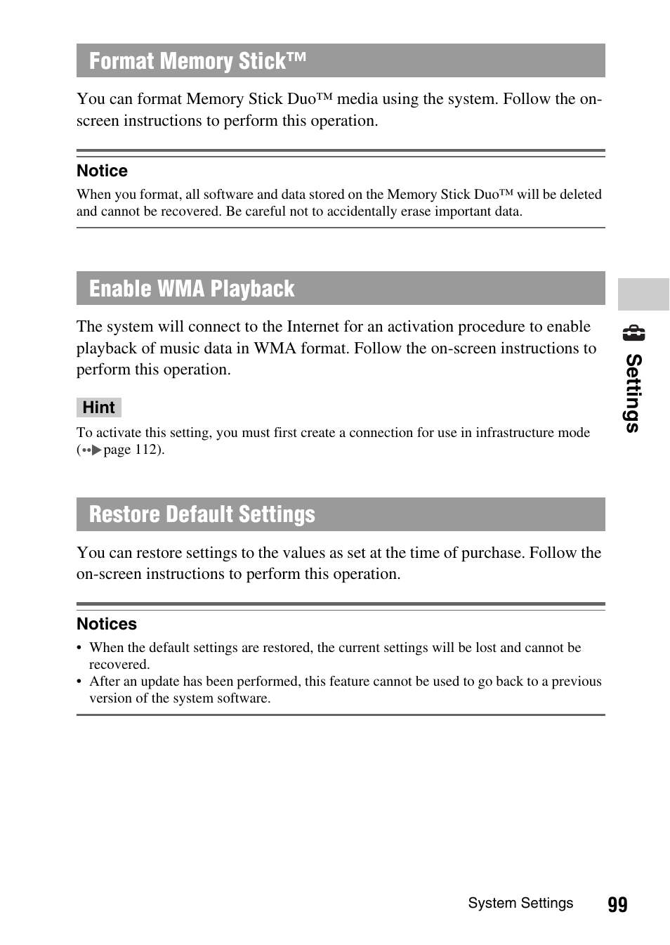 Ou must activate "enable wma playback, 99 settings | Sony PSP-1003 User Manual | Page 99 / 148