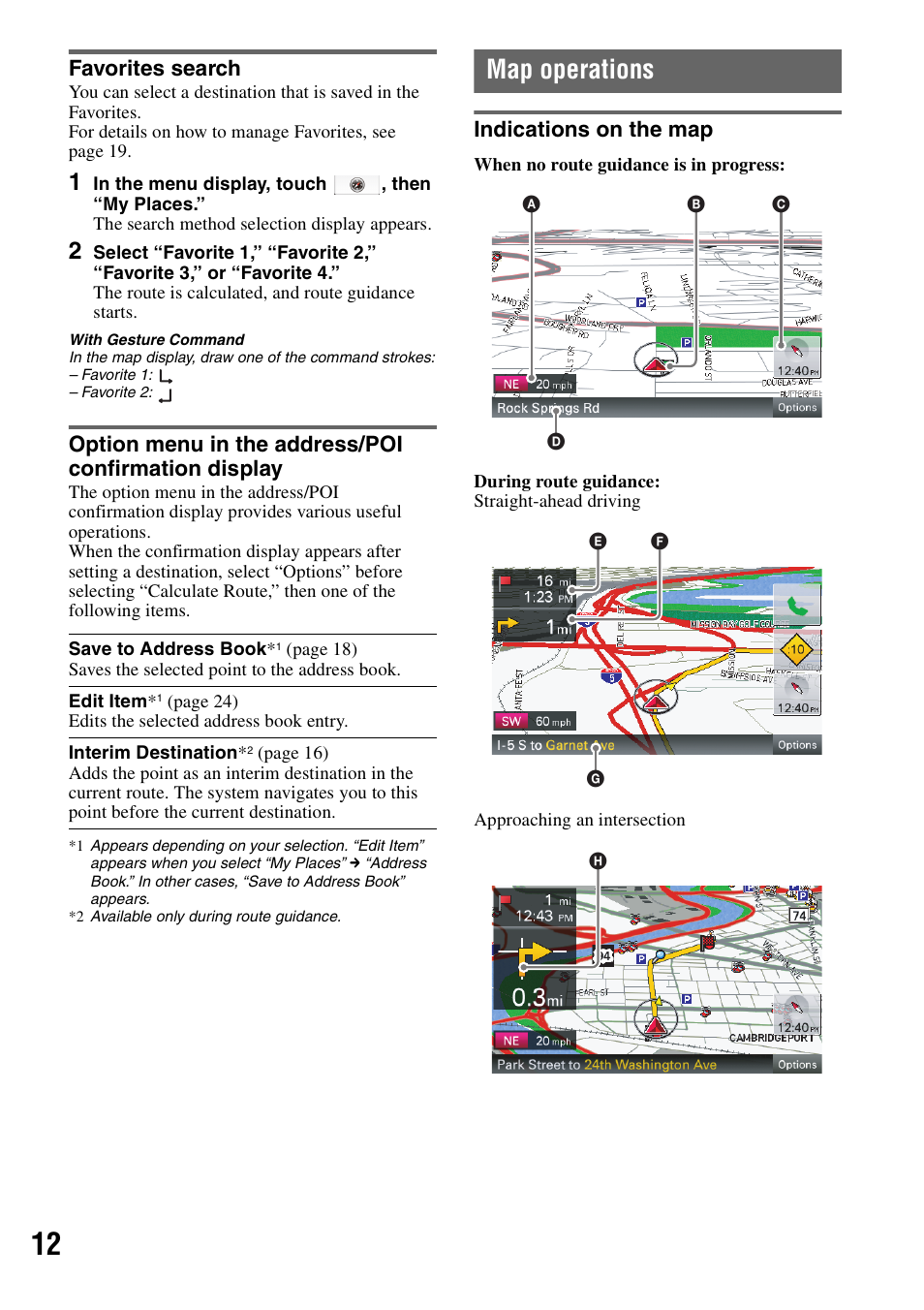 Favorites search, Map operations, Indications on the map | Sony NV-U83T User Manual | Page 12 / 31