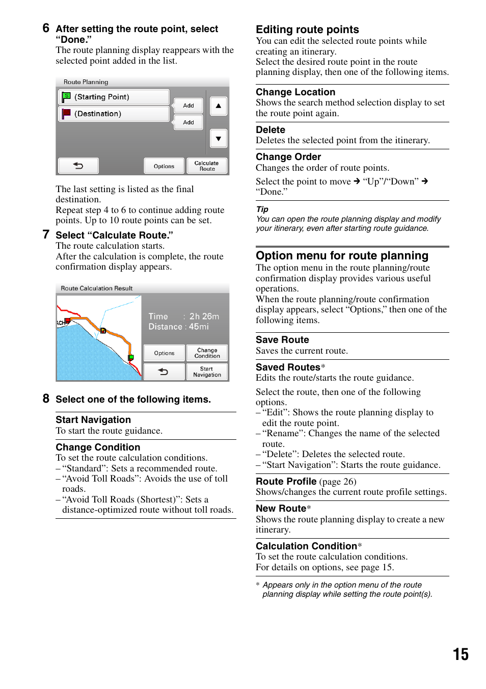 Option menu for route planning | Sony NV-U83T User Manual | Page 15 / 31