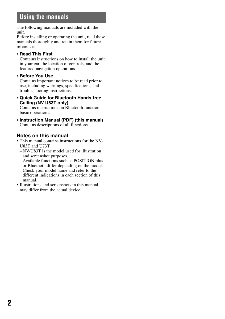 Using the manuals | Sony NV-U83T User Manual | Page 2 / 31