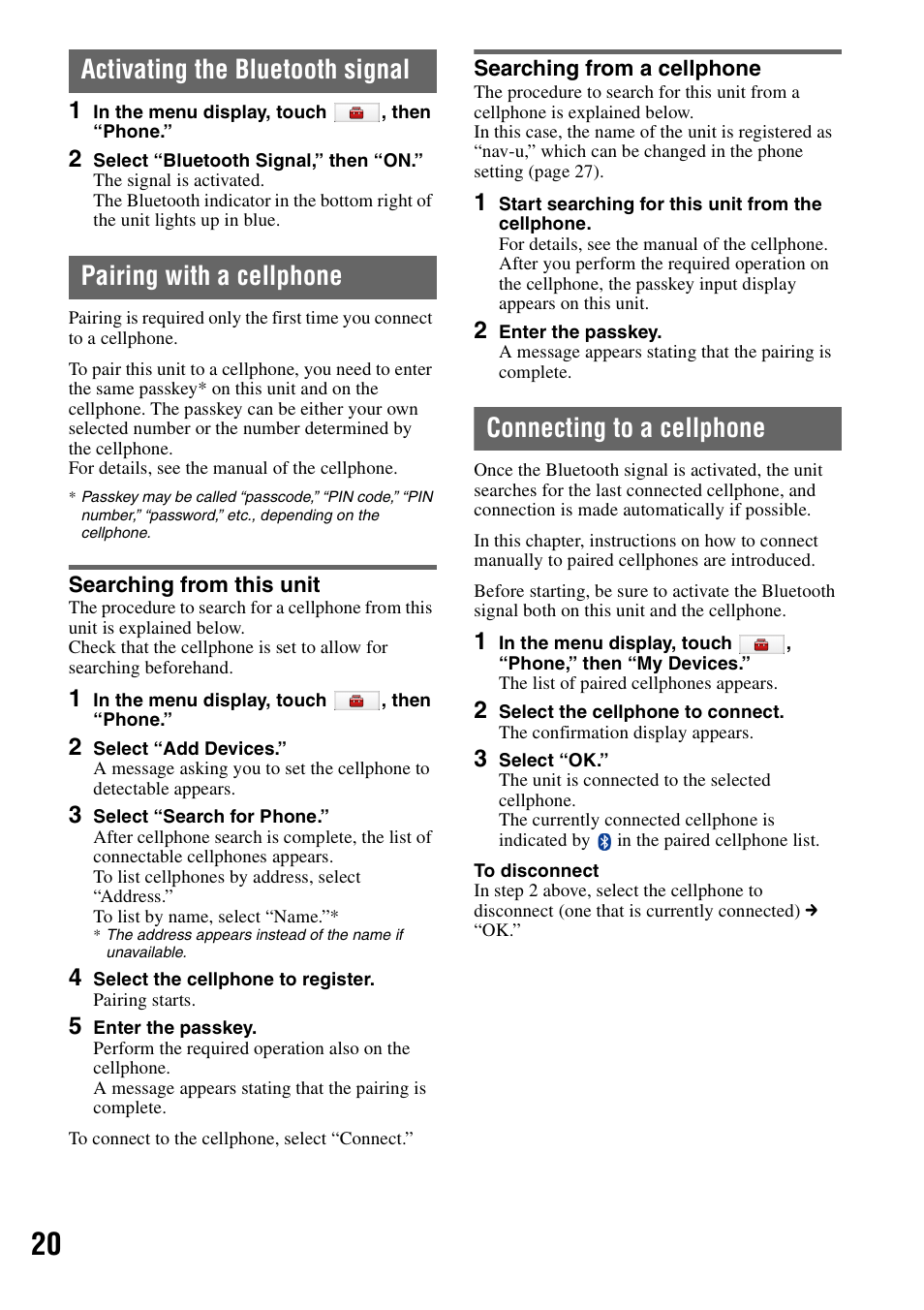 Activating the bluetooth signal, Pairing with a cellphone, Searching from this unit | Searching from a cellphone, Connecting to a cellphone | Sony NV-U83T User Manual | Page 20 / 31