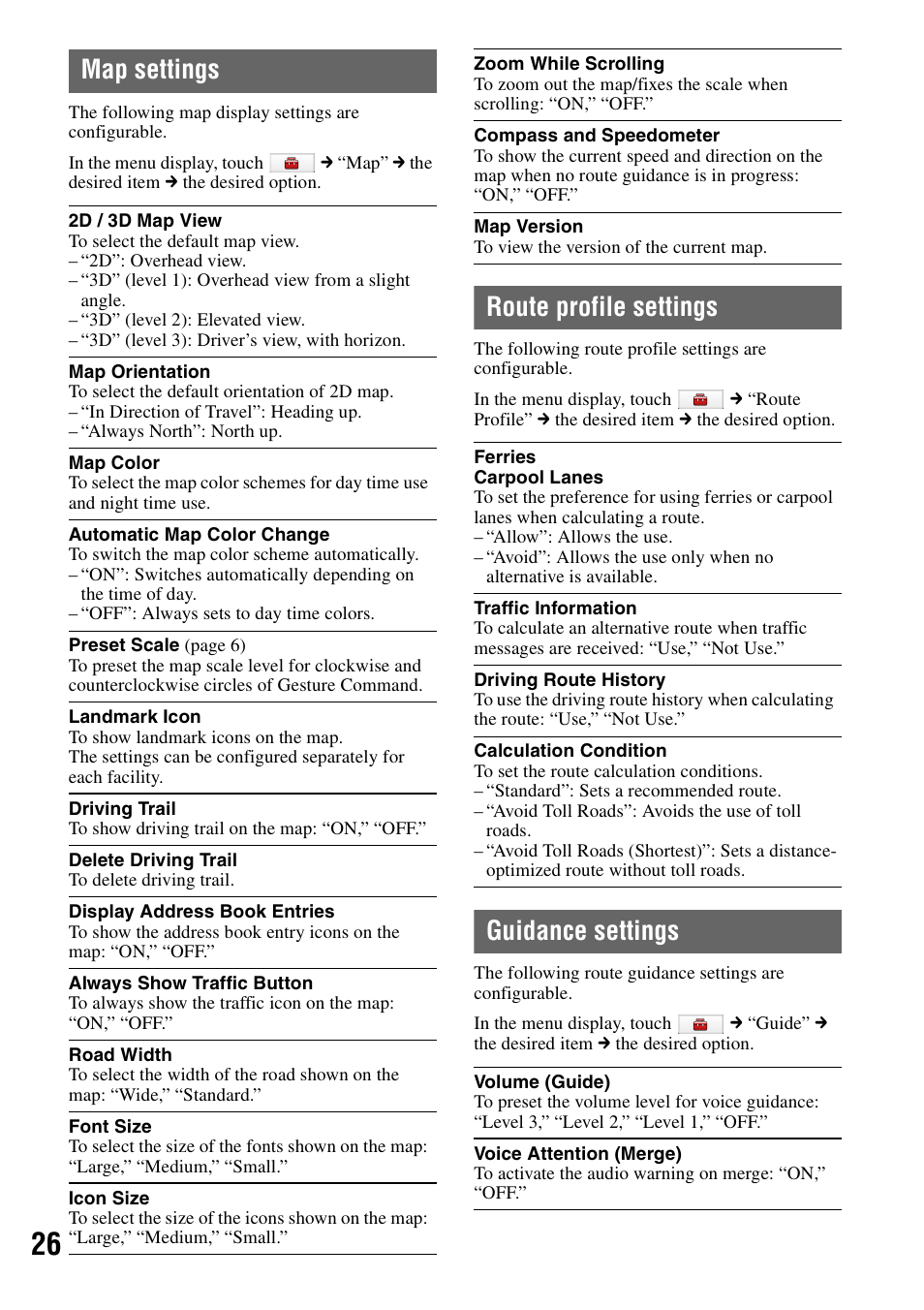 Map settings, Route profile settings, Guidance settings | Sony NV-U83T User Manual | Page 26 / 31