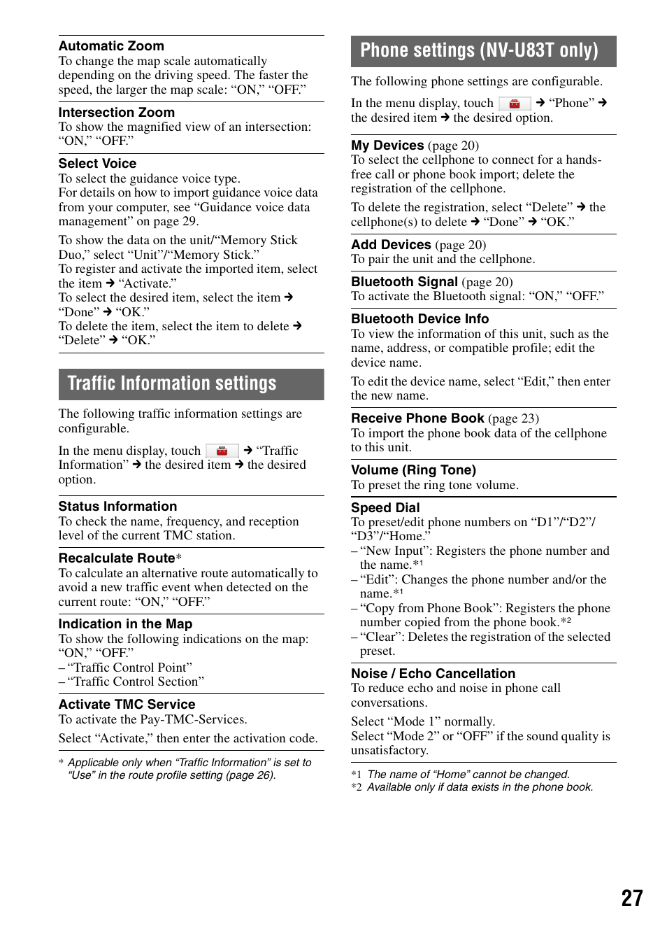 Traffic information settings, Phone settings (nv-u83t only) | Sony NV-U83T User Manual | Page 27 / 31