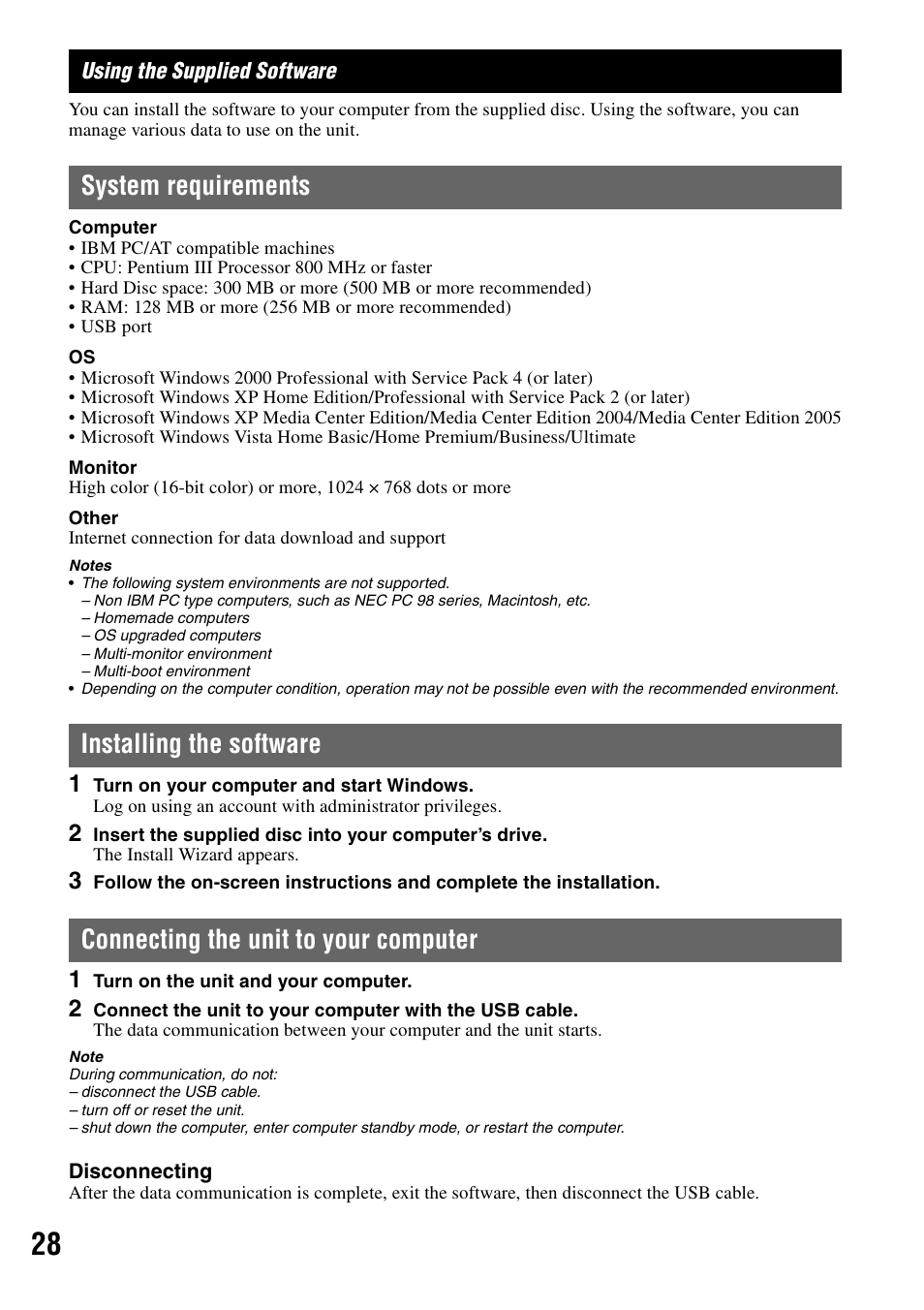 Using the supplied software, System requirements, Installing the software | Connecting the unit to your computer | Sony NV-U83T User Manual | Page 28 / 31