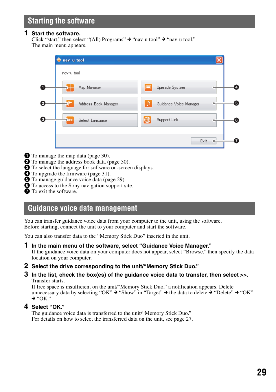 Starting the software, Guidance voice data management | Sony NV-U83T User Manual | Page 29 / 31