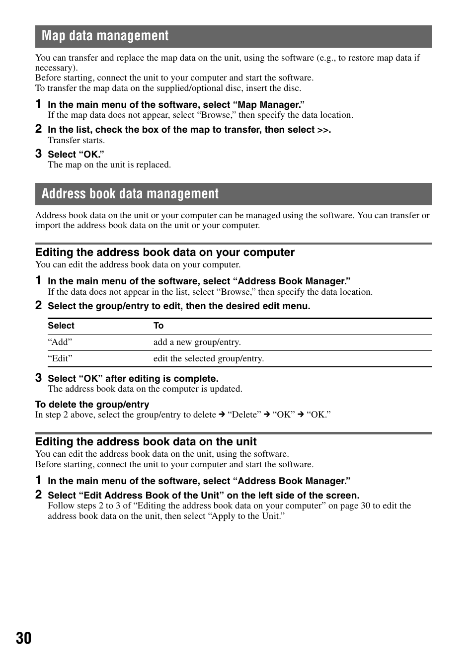 Map data management, Address book data management, Editing the address book data on your computer | Editing the address book data on the unit | Sony NV-U83T User Manual | Page 30 / 31