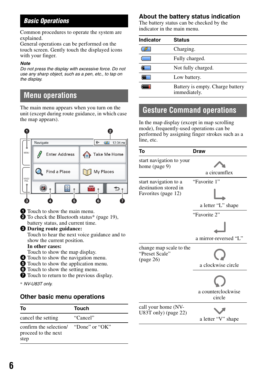 Basic operations, Menu operations, Gesture command operations | Sony NV-U83T User Manual | Page 6 / 31