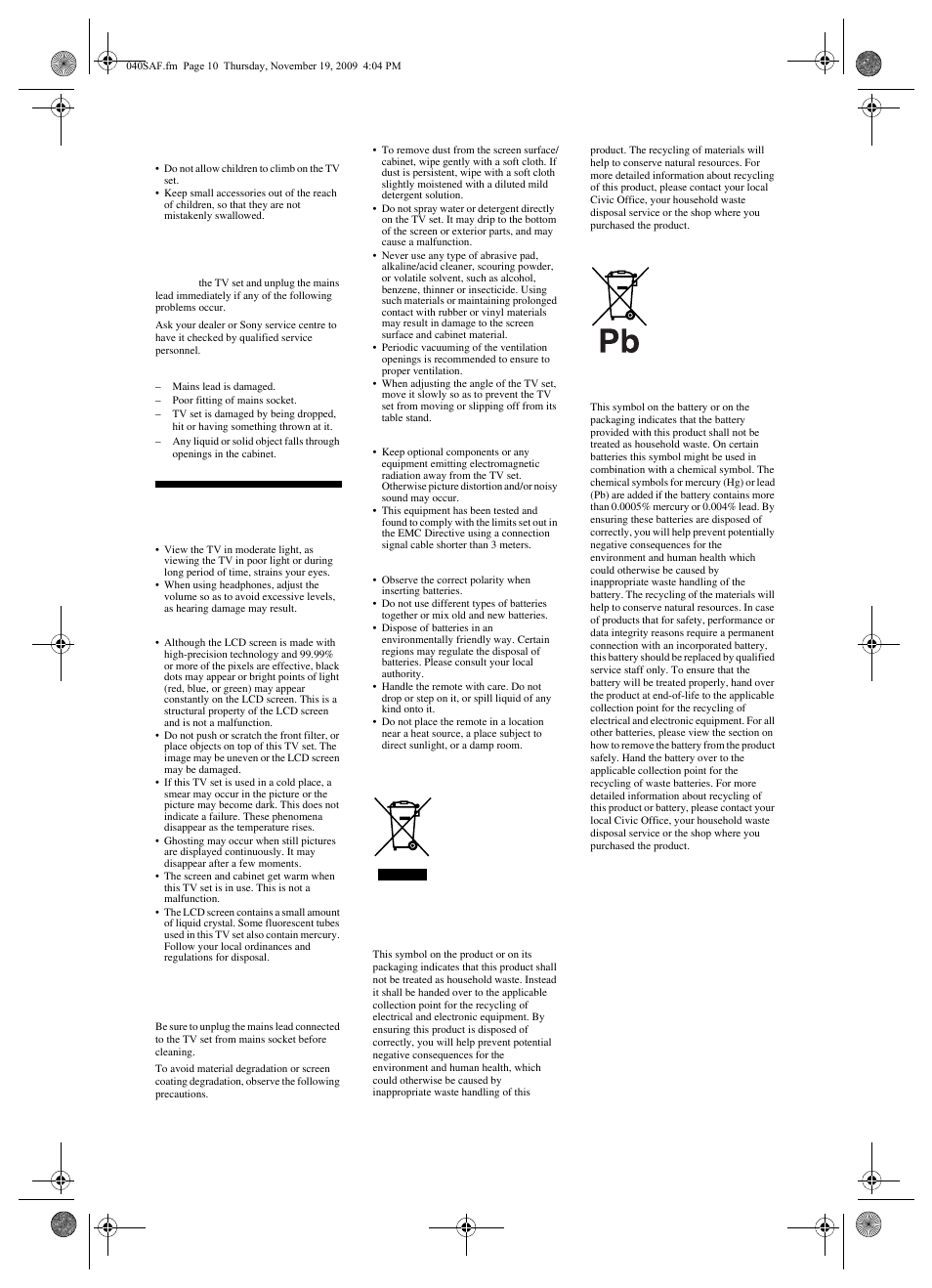 Precautions, For children, If the following problems occur | Disposal of the tv set | Sony BRAVIA KDL-46EX4xx User Manual | Page 10 / 20