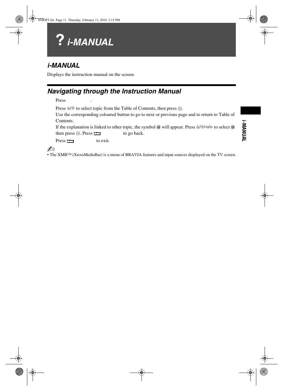 I-manual, Navigating through the instruction manual | Sony BRAVIA KDL-46EX4xx User Manual | Page 11 / 20