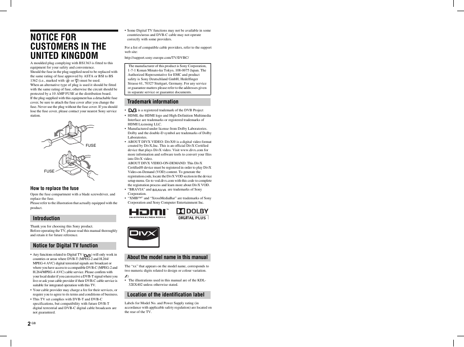 Notice for customers in the united kingdom, Introduction notice for digital tv function | Sony BRAVIA KDL-46EX4xx User Manual | Page 2 / 20