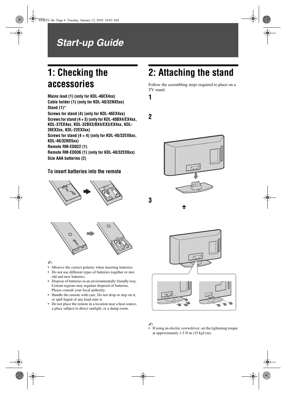 Start-up guide 1: checking the accessories, Attaching the stand | Sony BRAVIA KDL-46EX4xx User Manual | Page 4 / 20