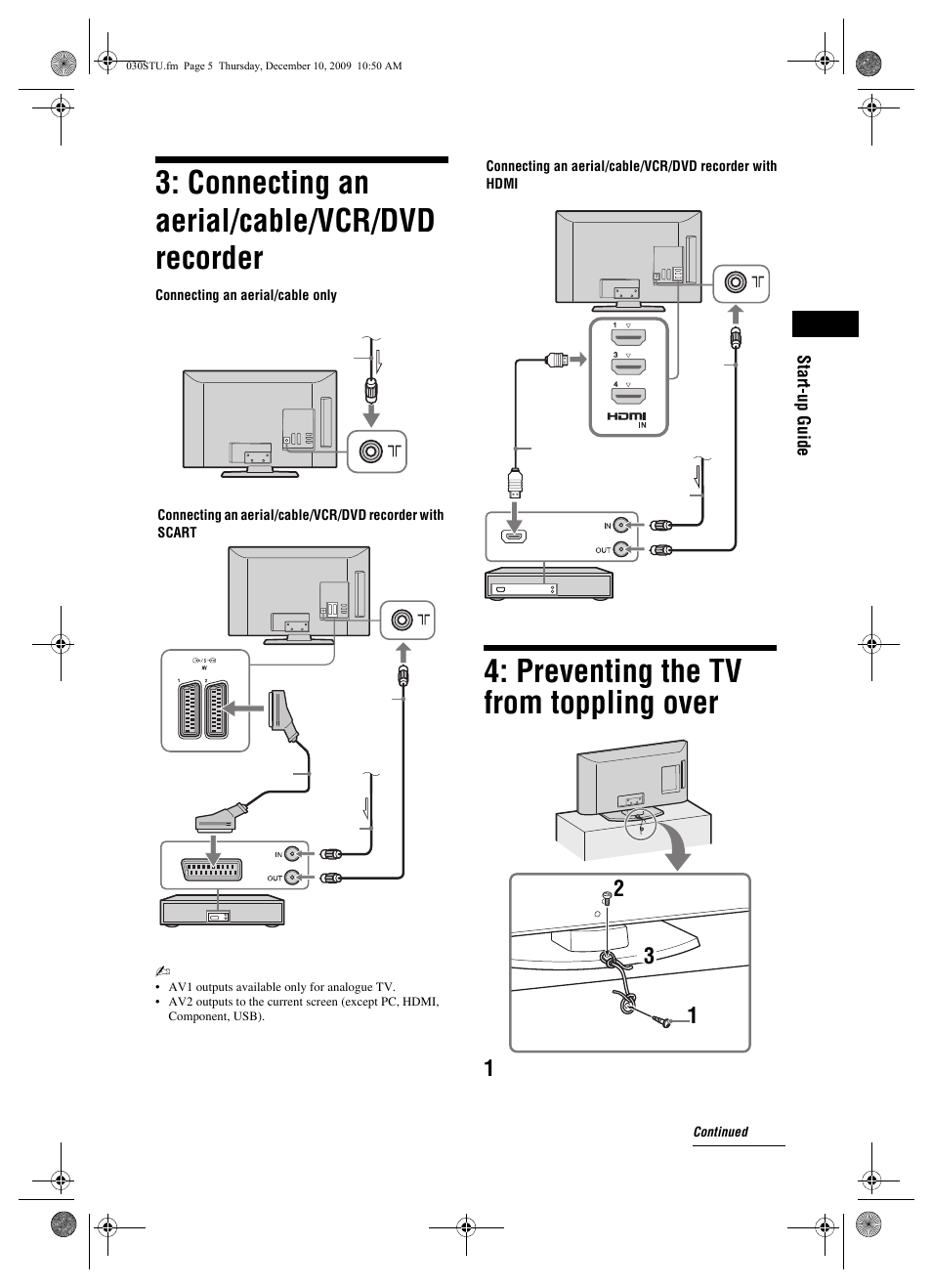 Connecting an aerial/cable/vcr/dvd recorder, Preventing the tv from toppling over | Sony BRAVIA KDL-46EX4xx User Manual | Page 5 / 20