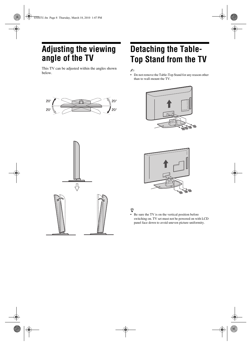 Adjusting the viewing angle of the tv, Detaching the table- top stand from the tv | Sony BRAVIA KDL-46EX4xx User Manual | Page 8 / 20
