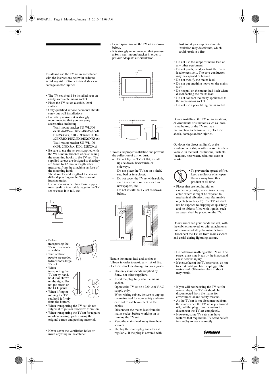 Safety information, Installation/set-up, Mains lead | Prohibited usage, Broken pieces, When not in use | Sony BRAVIA KDL-46EX4xx User Manual | Page 9 / 20