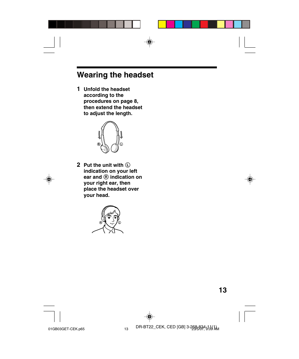 Wearing the headset | Sony DR BT22 User Manual | Page 13 / 28