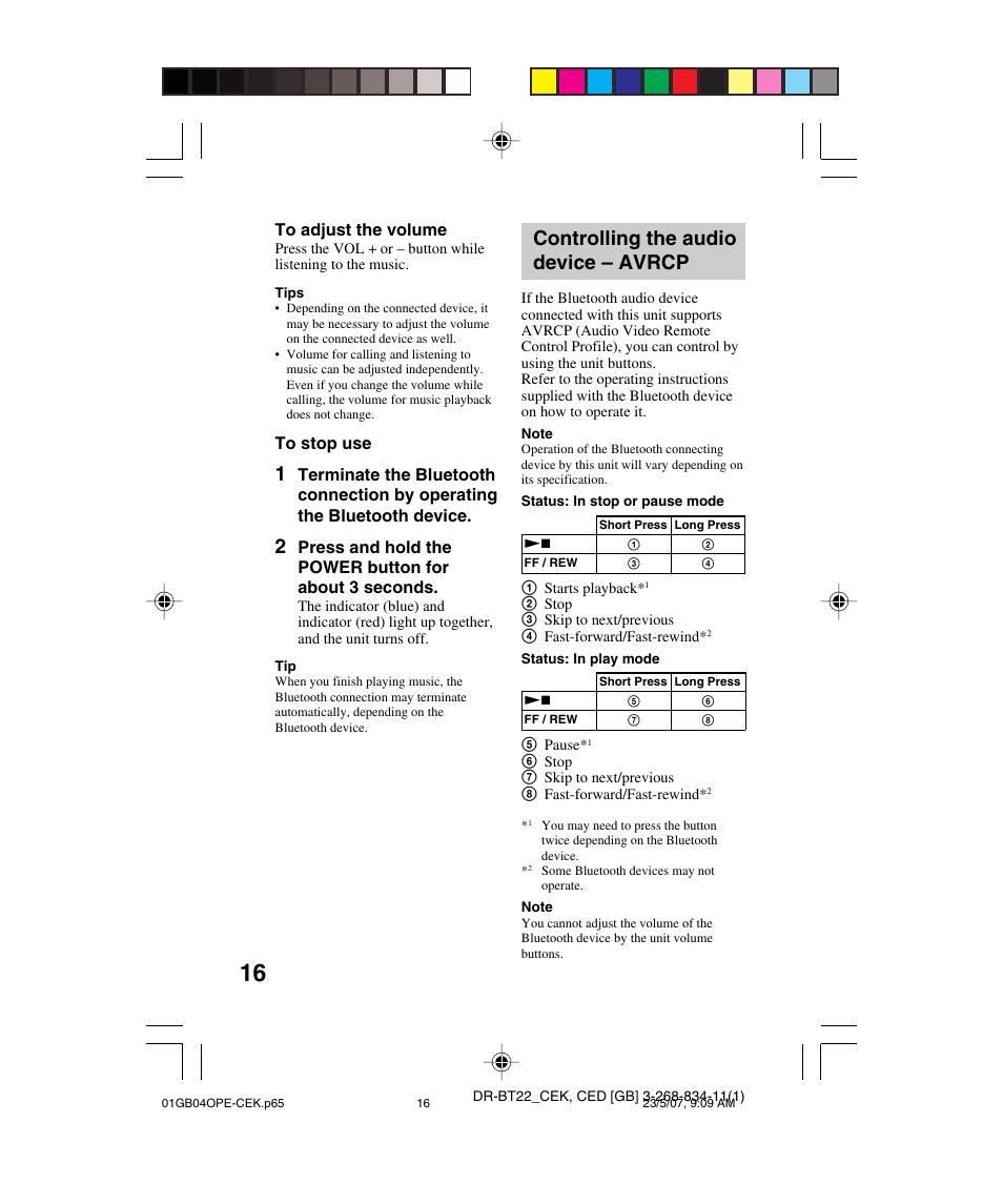 Controlling the audio device – avrcp, Controlling the audio device, Avrcp | Sony DR BT22 User Manual | Page 16 / 28