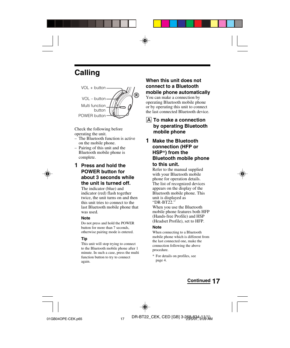 Calling | Sony DR BT22 User Manual | Page 17 / 28