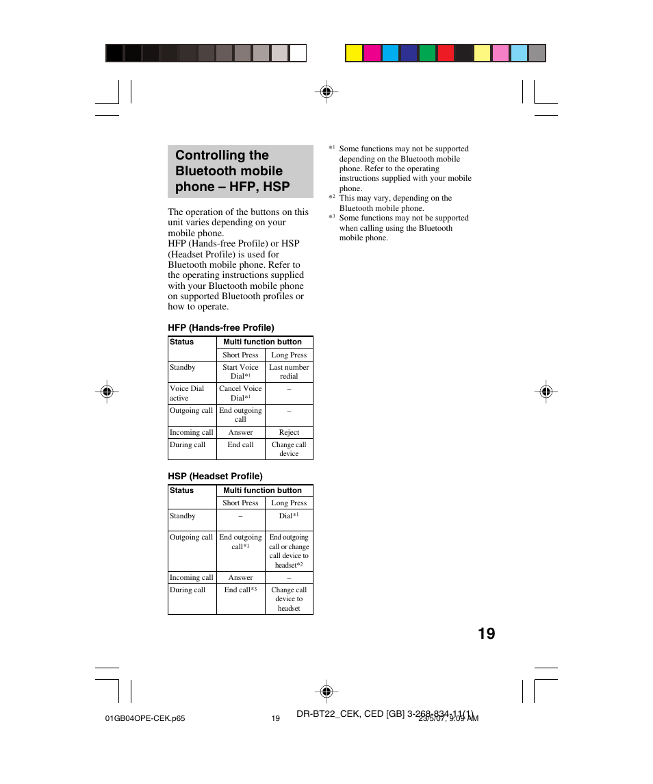 Controlling the bluetooth mobile phone – hfp, hsp, Controlling the bluetooth mobile, Phone – hfp, hsp | Sony DR BT22 User Manual | Page 19 / 28