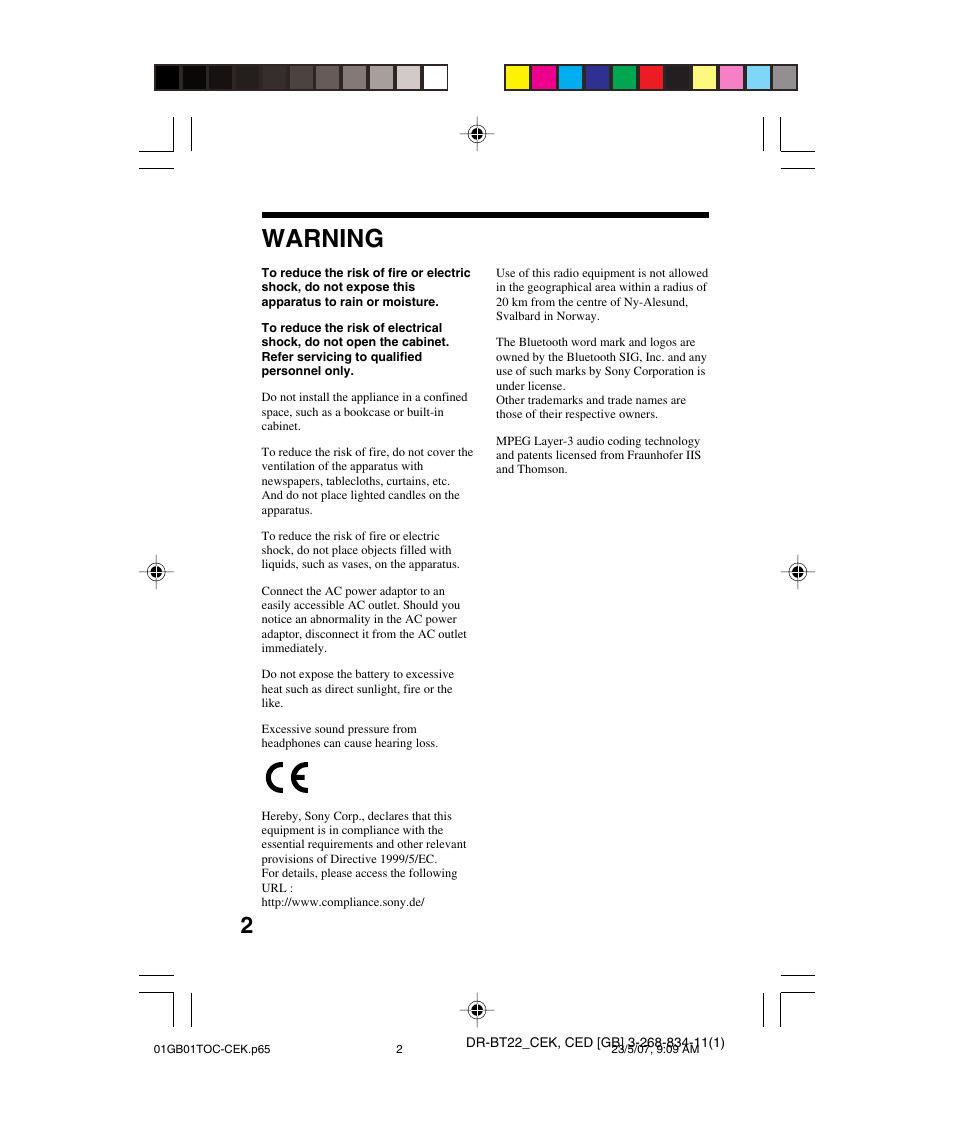 Warning | Sony DR BT22 User Manual | Page 2 / 28