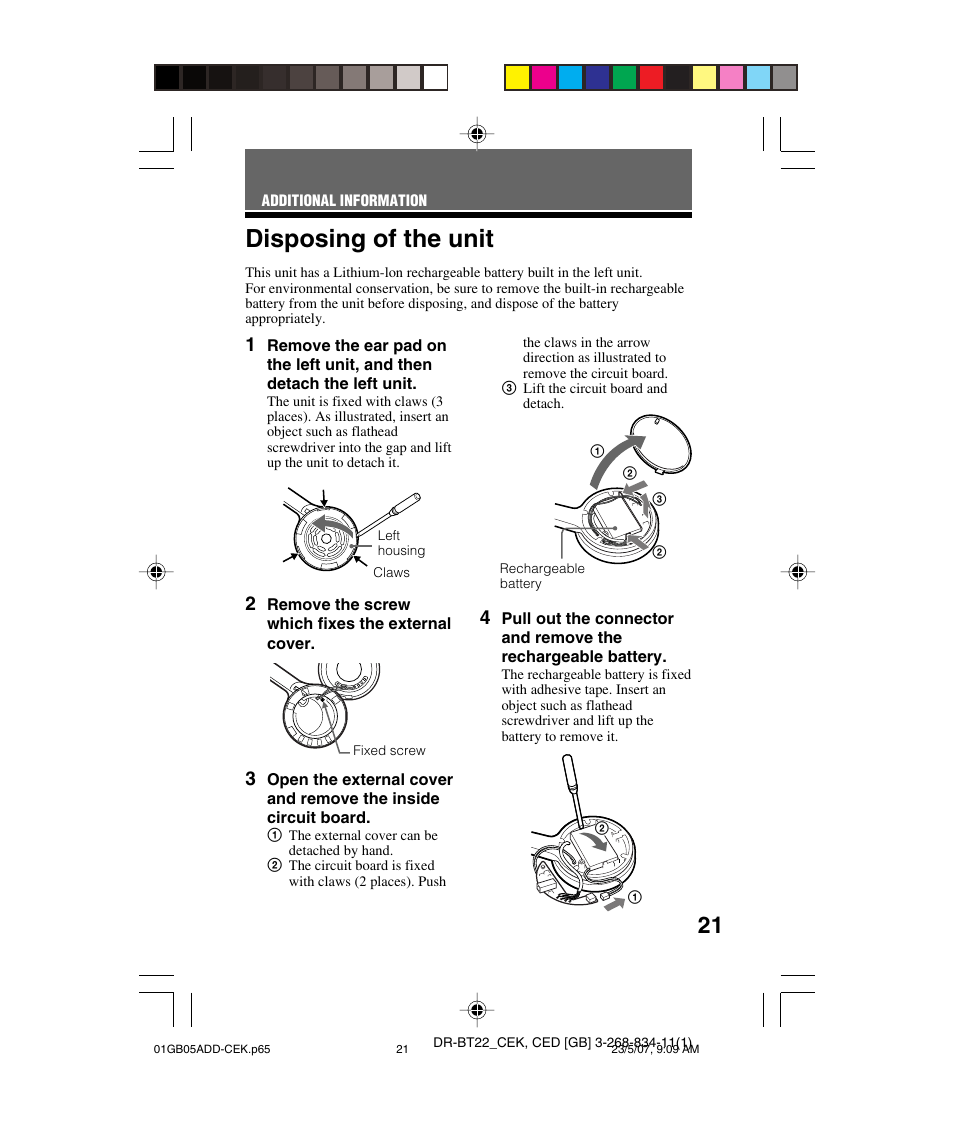 Disposing of the unit | Sony DR BT22 User Manual | Page 21 / 28