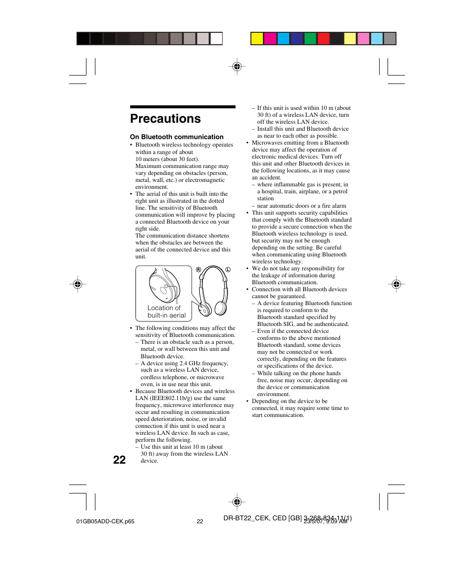 Precautions | Sony DR BT22 User Manual | Page 22 / 28