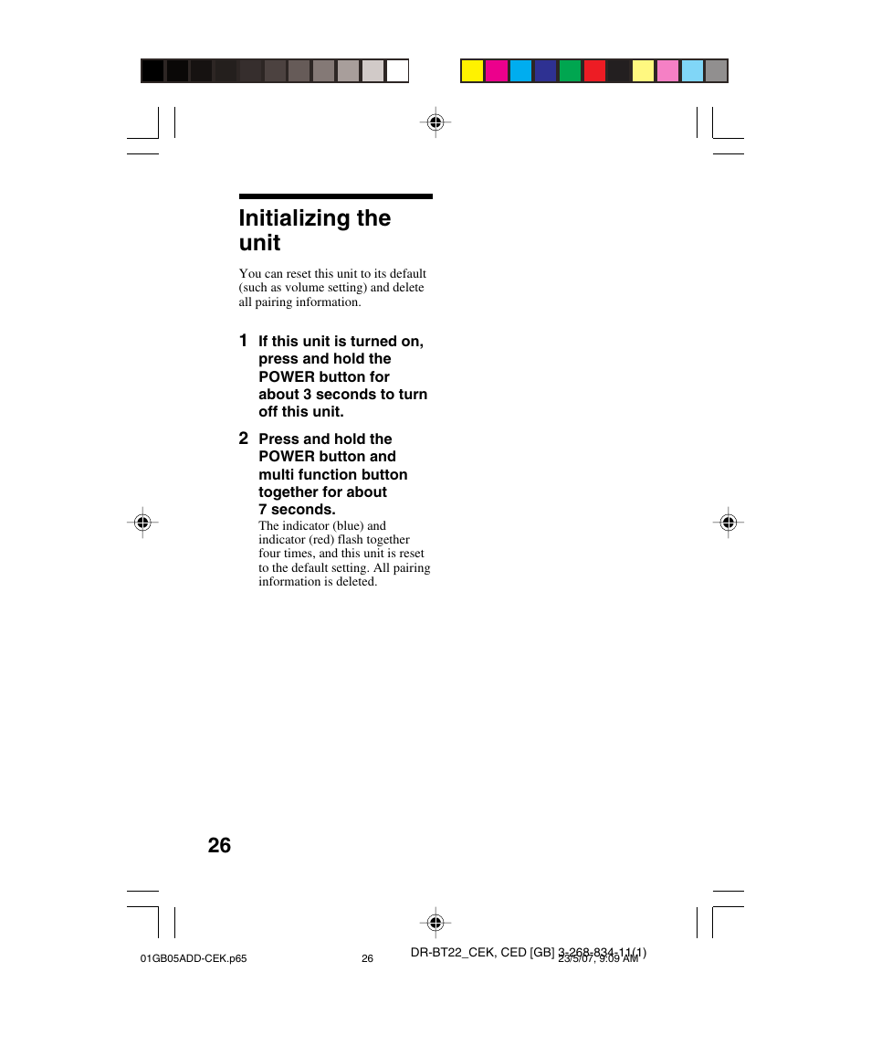 Initializing the unit | Sony DR BT22 User Manual | Page 26 / 28