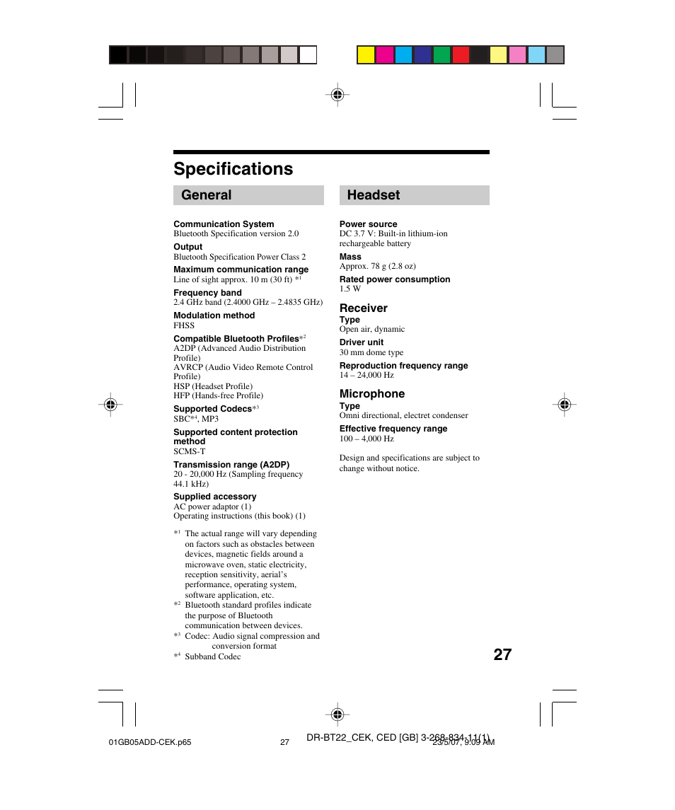 Specifications, General, Headset | Receiver, Microphone | Sony DR BT22 User Manual | Page 27 / 28