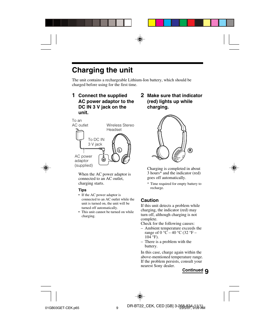 Charging the unit | Sony DR BT22 User Manual | Page 9 / 28