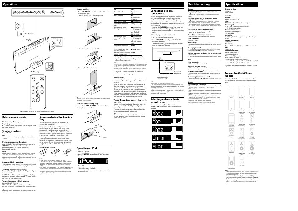 Audio in dc in 20v, Operations, Troubleshooting | Specifications | Sony RDP-X80iP User Manual | Page 2 / 2