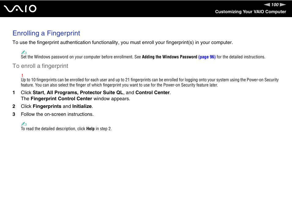 Enrolling a fingerprint | Sony VGN-CR100 User Manual | Page 100 / 194
