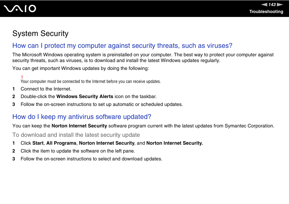 System security, How do i keep my antivirus software updated | Sony VGN-CR100 User Manual | Page 143 / 194