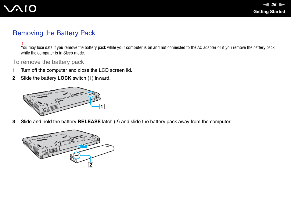 Removing the battery pack | Sony VGN-CR100 User Manual | Page 26 / 194