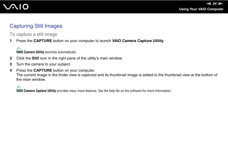 Capturing still images | Sony VGN-CR100 User Manual | Page 34 / 194