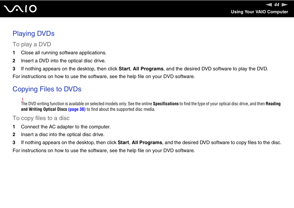 Playing dvds, Copying files to dvds | Sony VGN-CR100 User Manual | Page 44 / 194