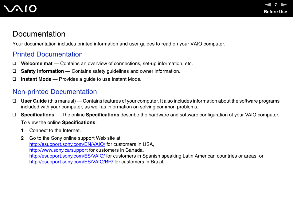 Documentation, Printed documentation, Non-printed documentation | Sony VGN-CR100 User Manual | Page 7 / 194